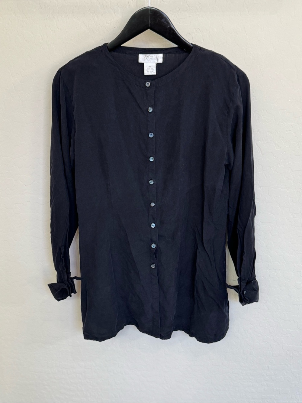 Vintage K Arnold 100% Silk Black Collarless Button-Up Blouse Medium Minimalist